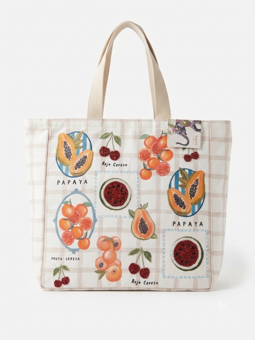 Euro Summer Viral Beaded XL Striped Fruit Tote Bag NWT Tomato Girl Fruit Motif